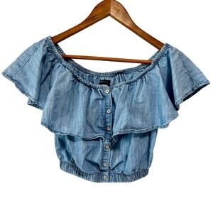 Chambray Off Shoulder Ruffle Crop Top Boho Denim Sleeveless Peasant Petite XS
